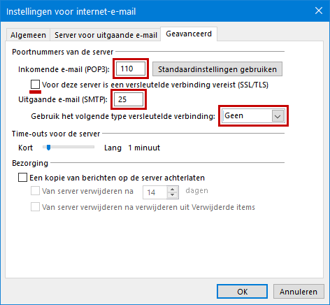 Onbeveiligd downloaden over POP-poort 110 en SMTP-poort 25