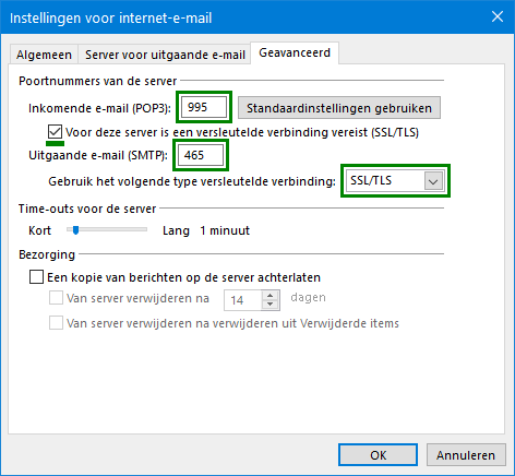 Beveiligd downloaden met SSL/TLS over POP-poort 995 en SMTP-poort 465