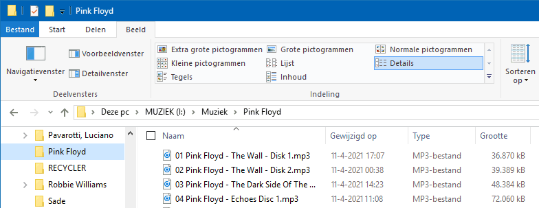 Windows Verkenner: weergave muziek in Details