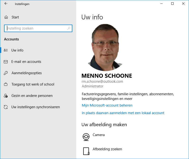 Windows 10 instellingen: onderdeel Accounts, sub Uw account