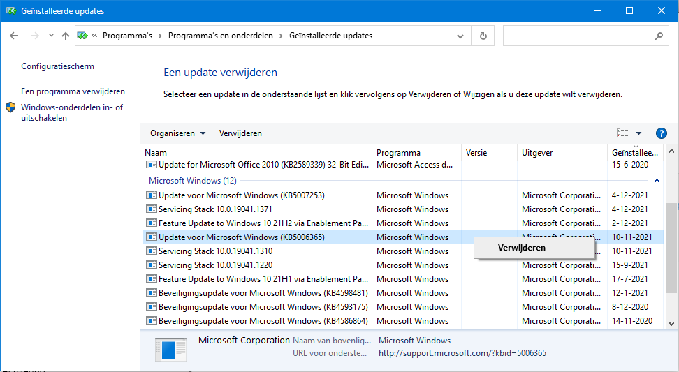 Windows Update: genstalleerde updates en onderdelen