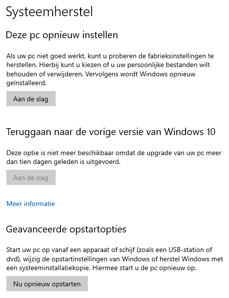 Windows 10 instellingen: onderdeel Bijwerken en beveiliging, sub Systeemherstel