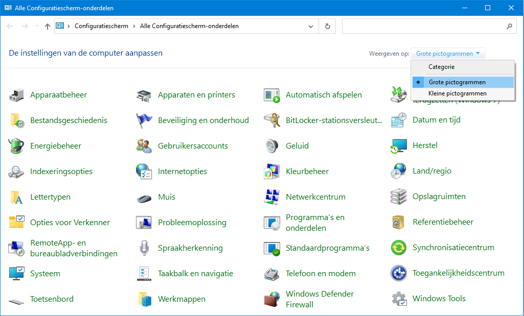 Windows 10 configuratiescherm