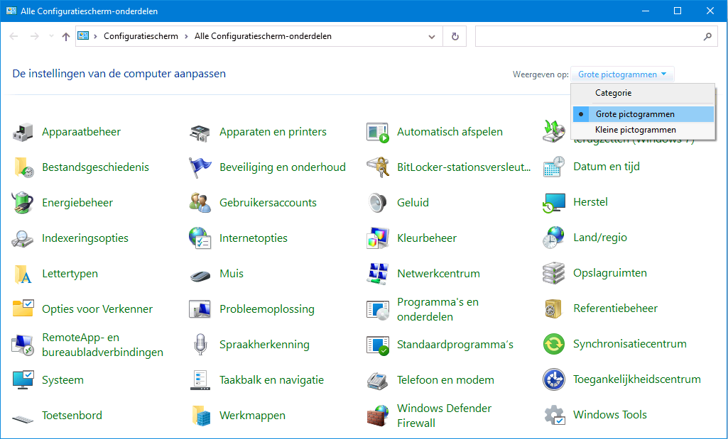 achterzijde moeilijk aankunnen Het configuratiescherm (Windows 10)