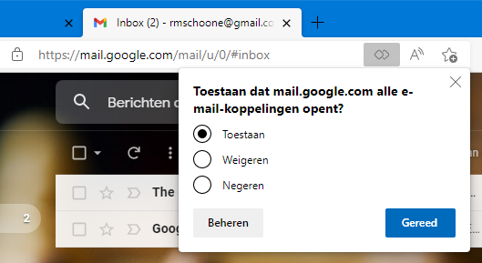 Koppelingsicoontje: e-mail koppeling Gmail toestaan