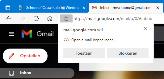 Pop-up: e-mail koppeling Gmail toestaan