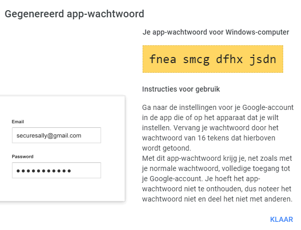 Gegenereerd app-wachtwoord voor Gmail in Outlook