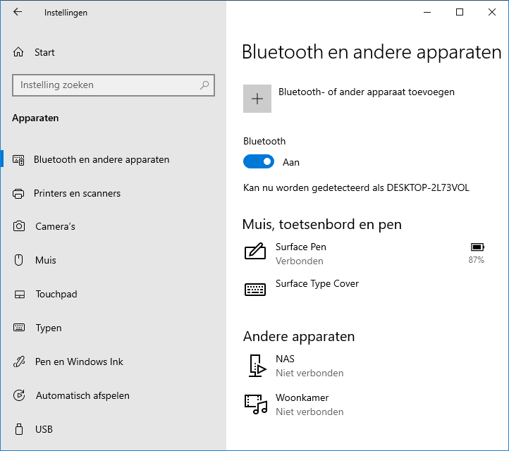 Windows 10 instellingen: onderdeel Apparaten, sub Bluetooth
