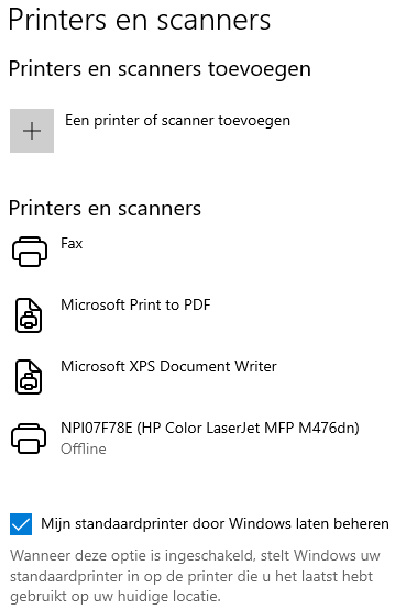 Windows 10 instellingen: onderdeel Apparaten, sub Printers en Scanners