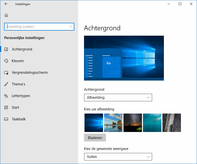 Windows 10 instellingen: onderdeel Persoonlijke instellingen, sub Achtergrond