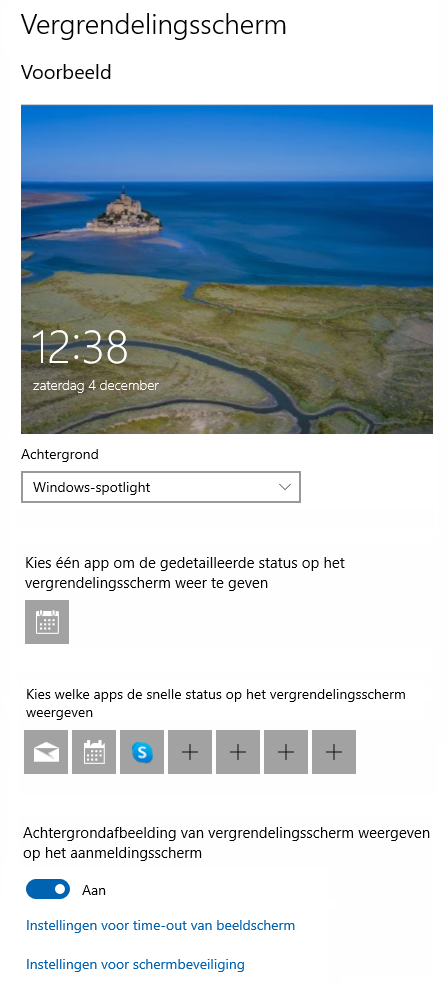Windows 10 instellingen: onderdeel Persoonlijke instellingen, sub Vergrendelingsscherm