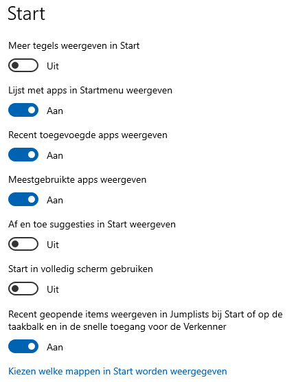 Windows 10 instellingen: onderdeel Persoonlijke instellingen, sub Start