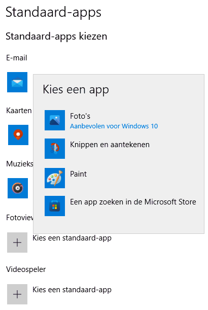 Windows 10 instellingen: onderdeel Systeem, sub Standaard-apps