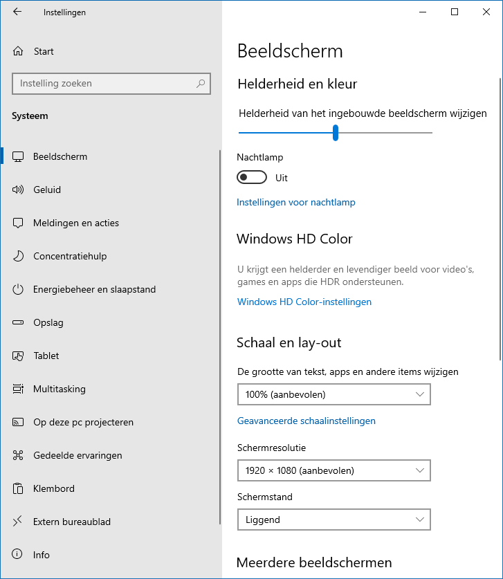 Windows 10 instellingen: onderdeel Systeem, sub Beeldscherm