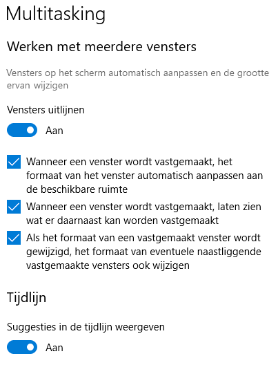 Windows 10 instellingen: onderdeel Systeem, sub Multitasking