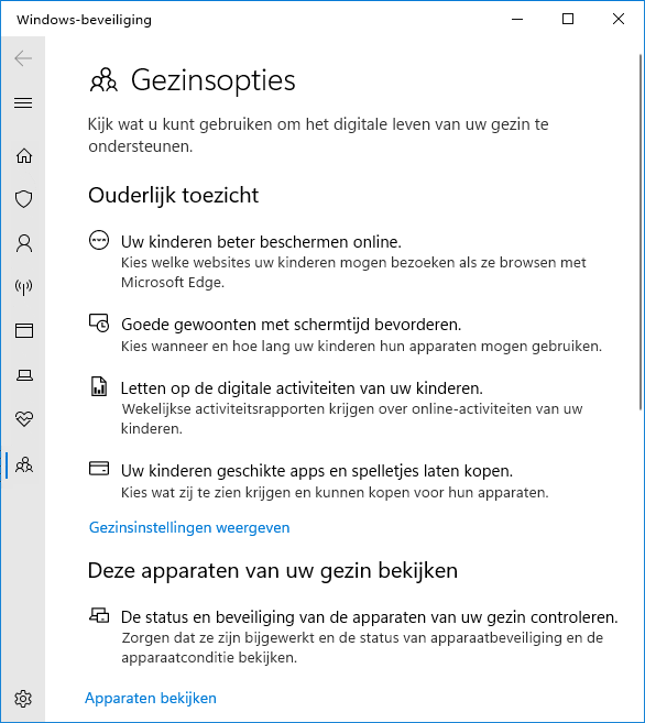 Windows Beveiliging: Gezinsopties