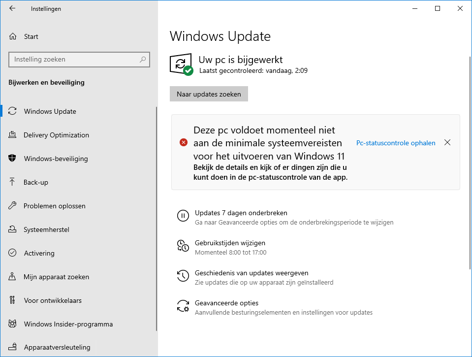 Windows 10 instellingen: onderdeel Bijwerken en beveiliging, sub Windows Update