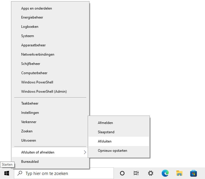 Het Win-X startmenu van Windows 10
