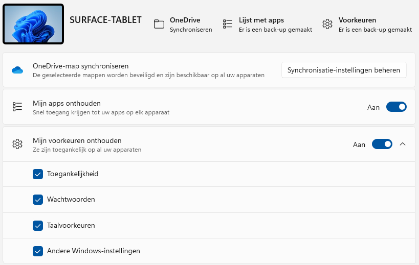 Windows 11: Accounts > Back-up (synchroniseren)
