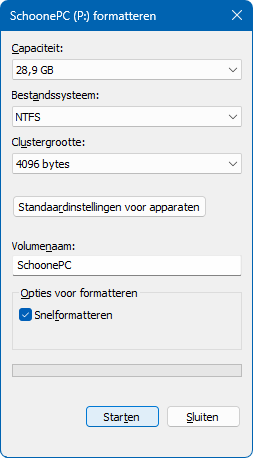 Formatteren: bestandssysteem (NTFS/FAT32), clustergrootte, volumenaam