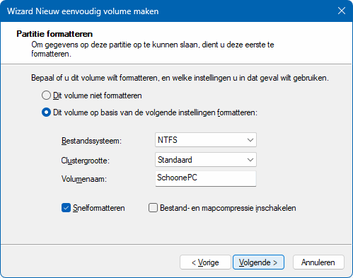 Wizard Nieuw eenvoudig volume maken: volume formatteren
