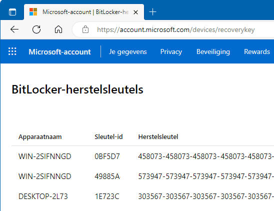 Herstelsleutels BitLocker/Apparaatversleuteling