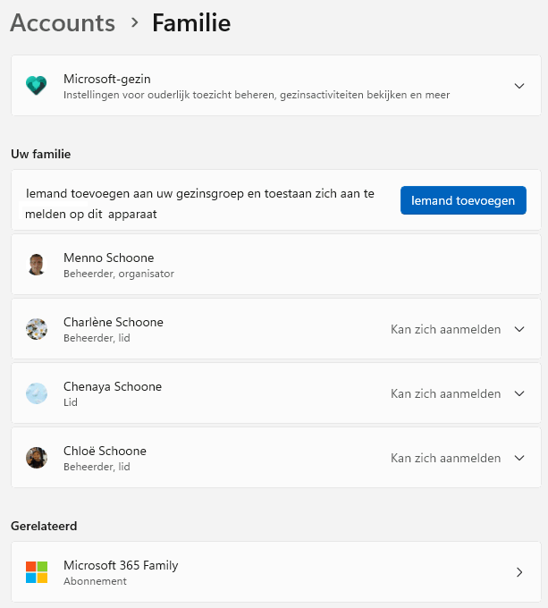 Windows 11: Instellingen, Accounts, Familie