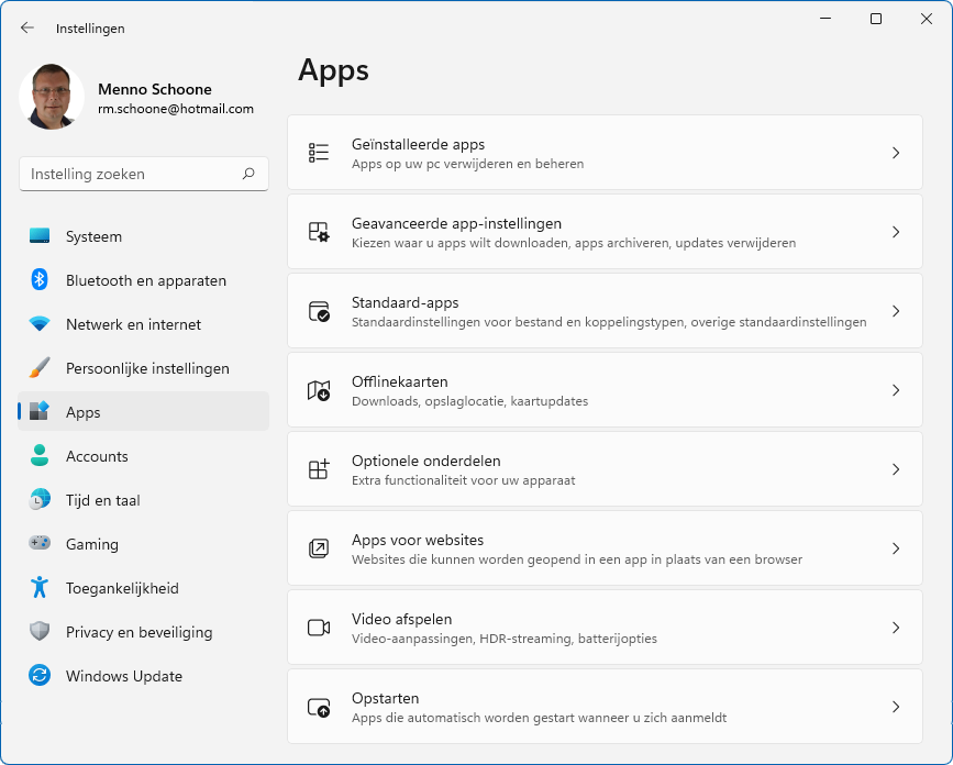 Windows 11: Instellingen > Apps