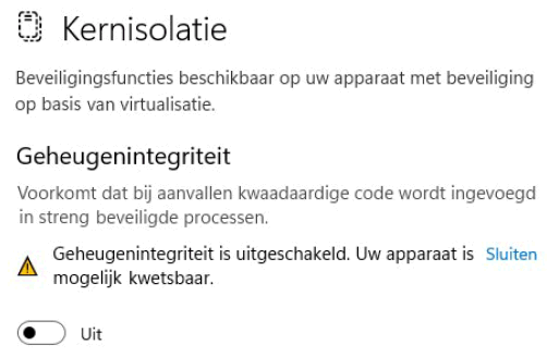 Kernisolatie: geheugenintegriteit (uw apparaat is mogelijk kwetsbaar)
