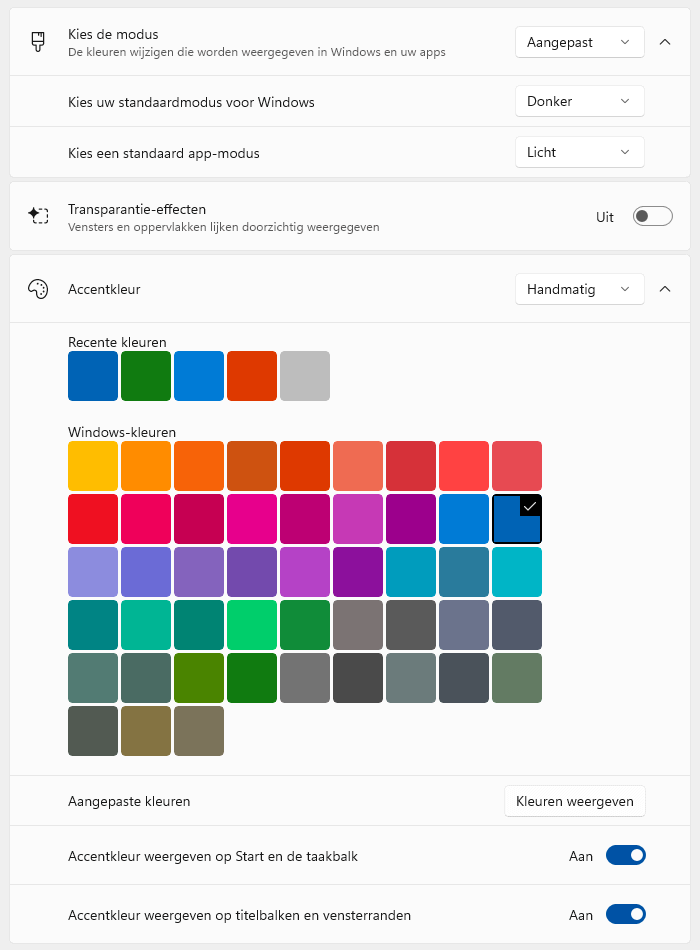 Windows 11 instellingen: standaard kleuren voor taakbalk, vensters en apps