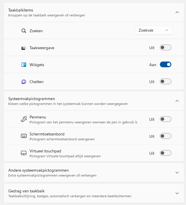 Windows 11 taakbalk: taakbalkknoppen Zoeken, Taakweergave, Widgets en Chatten