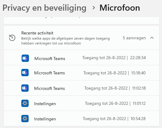 Windows 11: Recente activiteiten van apps (m.b.t. de camera, microfoon e.d.)