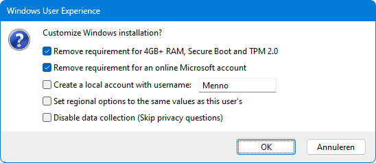 Windows 11 installeren met Rufus zonder controle op TPM, Secure Boot, ondersteunde processor en voldoende RAM-geheugen