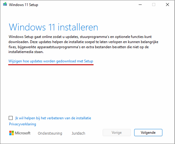 Setup Windows 11 2022 (22H2): Wijzigen hoe updates worden gedownload met Setup (optie Niet nu)