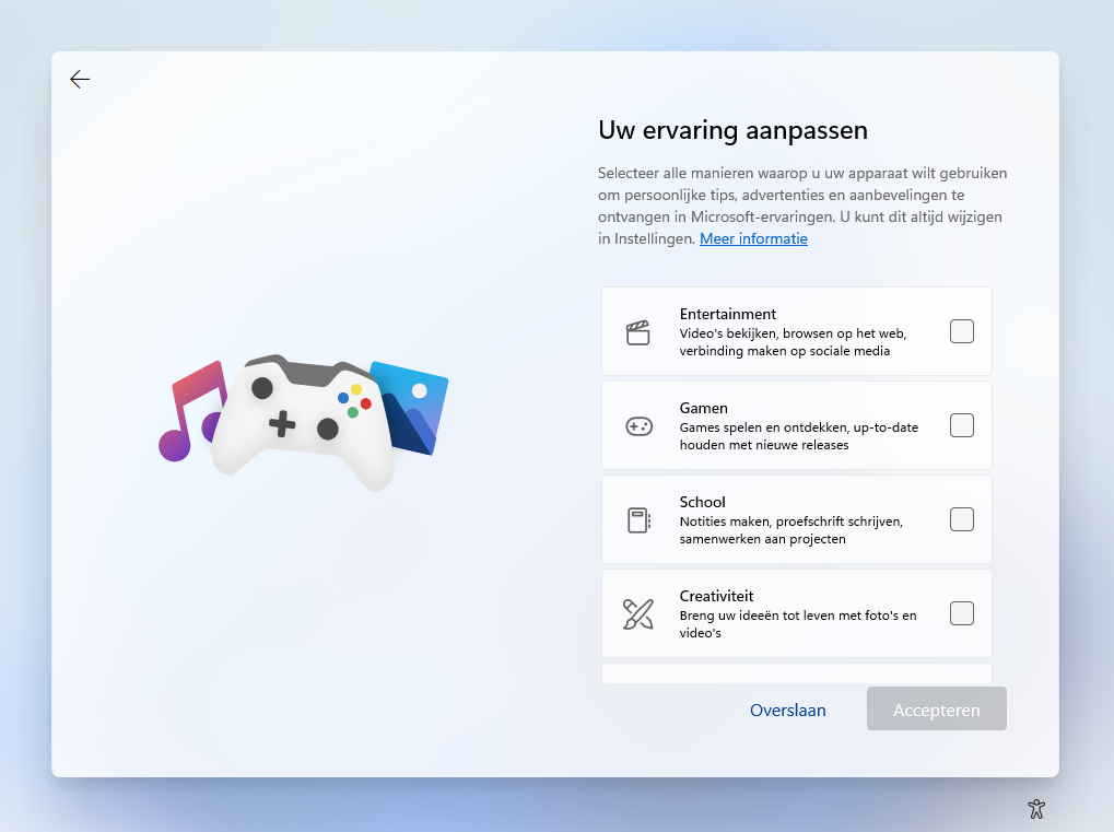 Windows 11 setup: uw ervaringen aanpassen (Entertainment, Gamen, School, Creativiteit...)