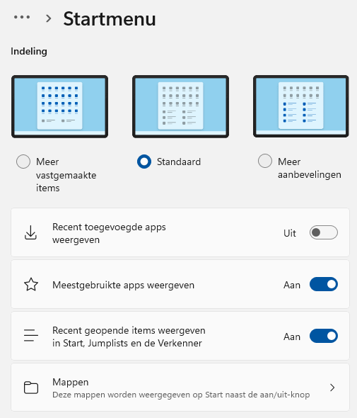 Indeling startmenu: Aan het startmenu vastgemaakte apps