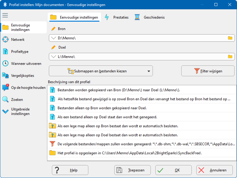 Syncrhonisatie/back-up profiel instellen