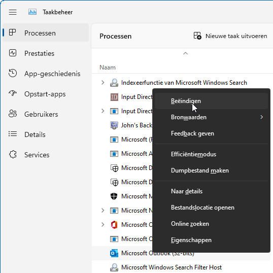 Taakbeheer: tabblad Processen, proces Microsoft Outlook beindigen