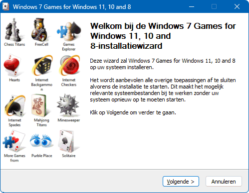 Windows 7 spellen: Mijnenvegen, Patience, FreeCell, Hartenjagen, Purble Place, Spider Solitaire, Chess Titans, Mahjong Titans, Backgammon, Checkers en Spades