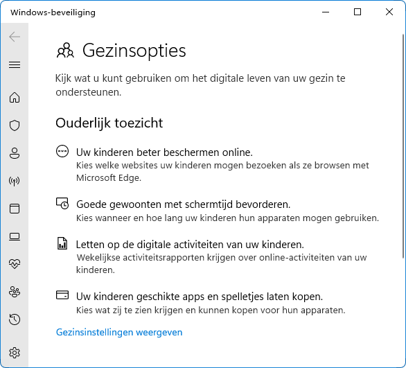 Windows Beveiliging: Gezinsopties