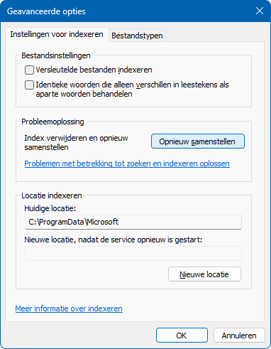 Zoeken: Geavanceerde indexeringsopties, knop Geavanceerd, knop Opnieuw samenstellen