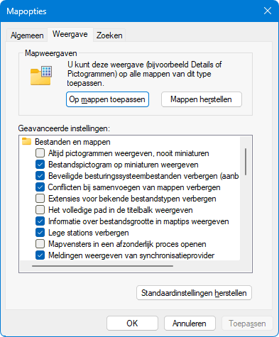 Mapopties: weergave op mappen van hetzelfde type toepassen