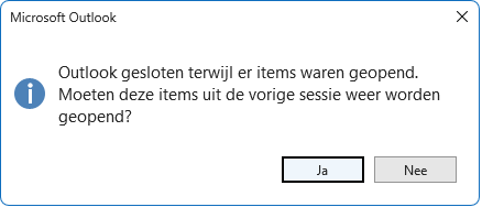 Outlook gesloten terwijl er items waren geopend. Moeten deze items uit de vorige sessie worden geopend?