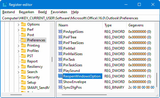 HKCU\Software\Microsoft\Office\16.0\Outlook\Preferences 32-bits DWORD-registerwaarde ReopenWindowsOption=1