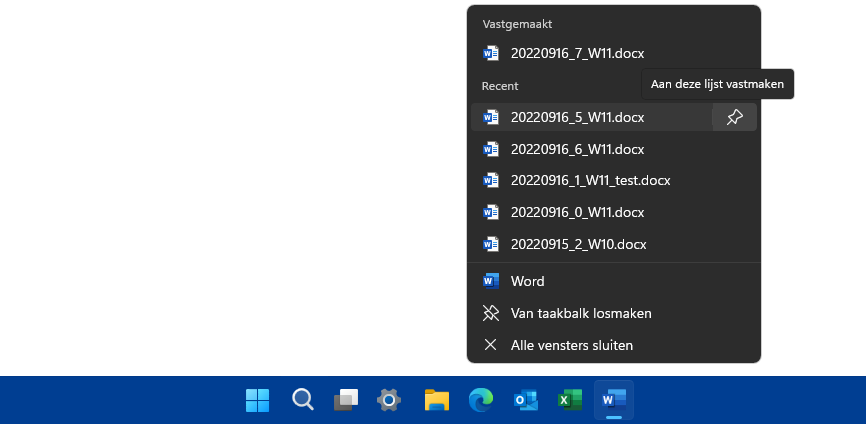 Jump Lists Windows 11 apps