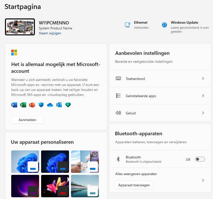 Startpagina voor het venster instellingen