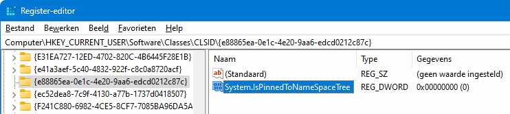 Galerie verwijderen: HKCU\Software\Classes\CLSID\{e88865ea-0e1c-4e20-9aa6-edcd0212c87c} System.IsPinnedToNameSpaceTree=0