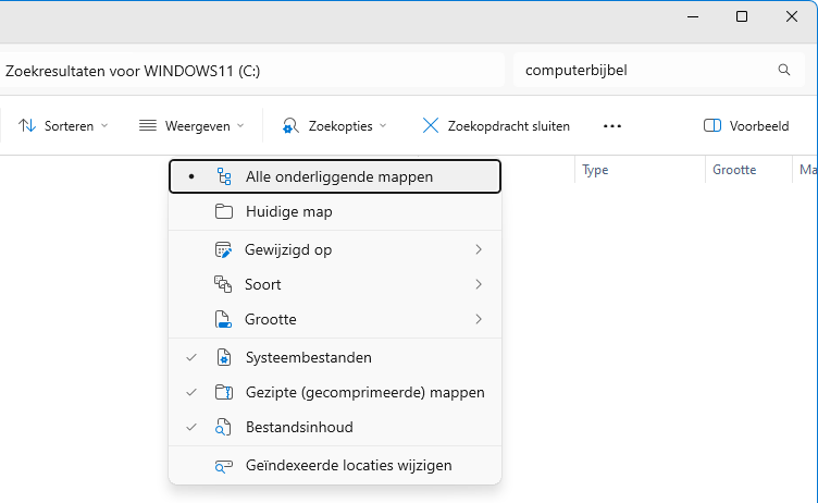 Zoekopties: alle onderliggende mappen