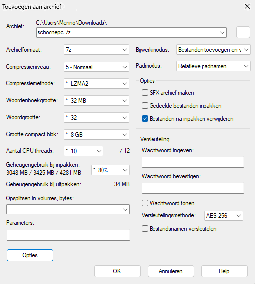7-Zip: optie Toevoegen aan archief