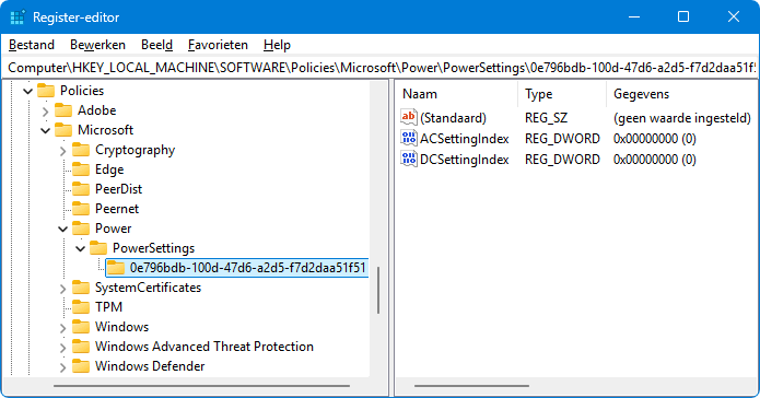 HKLM\ SOFTWARE\ Policies\ Microsoft\ Power\ PowerSettings\ 0e796bdb-100d-47d6-a2d5-f7d2daa51f51: ACSettingIndex en DCSettingIndex